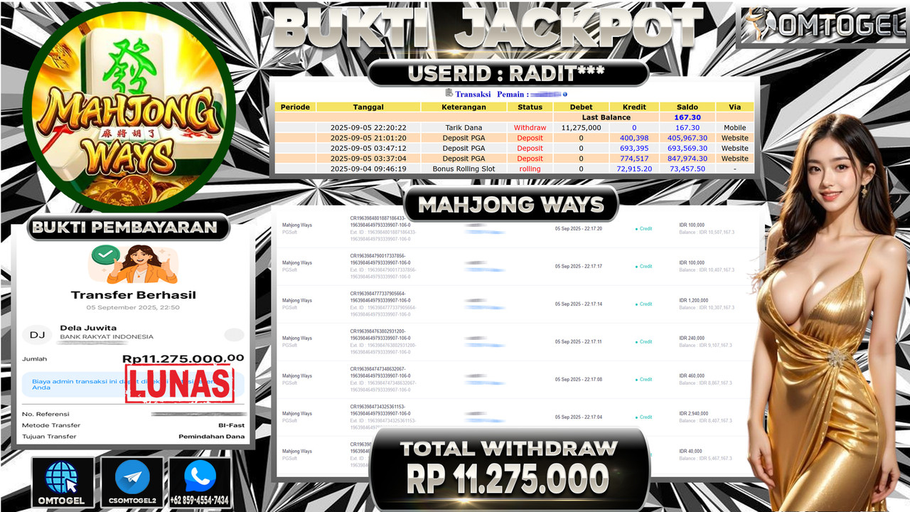 OMTOGEL JACKPOT PGSOFT MAHJONG WAYS 11 JUTA DI BAYAR LUNAS ,-