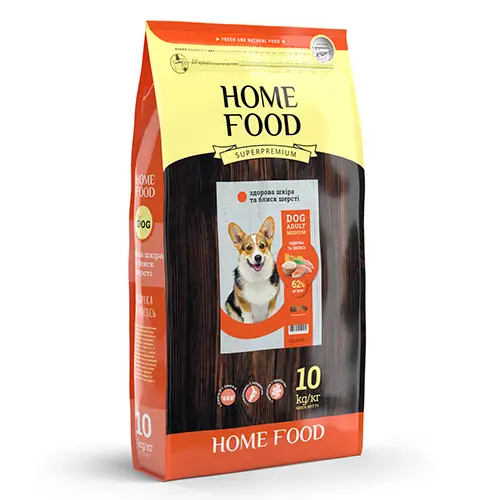 Корм DOG ADULT MEDIUM Здорова шкіра та блиск шерсті «Індичка та лосось» (10 кг) ТМ "Home Food"