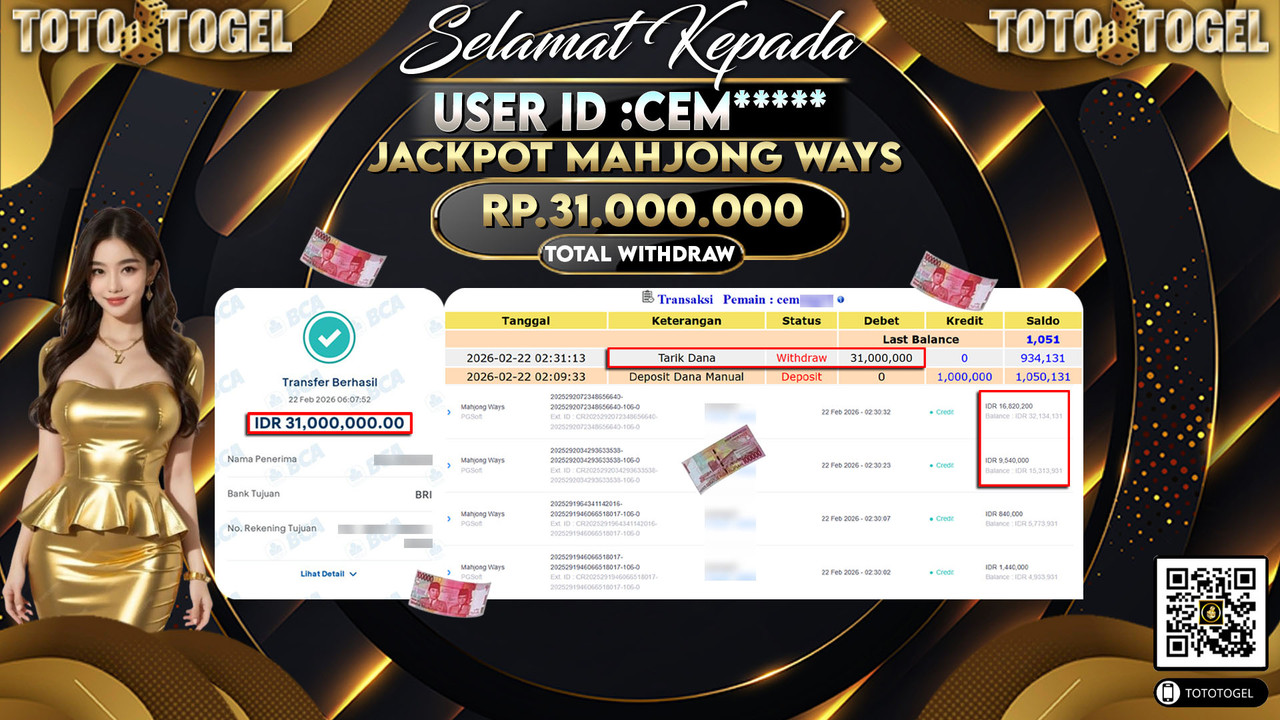 Bukti Pembayaran Jackpot Permainan Slot Mahjong Ways ID:CEM*****LUNAS