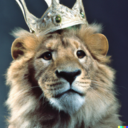 DALL·E - 35mm studio photo of a lion wearing a crown, proud to be shown as he actually is