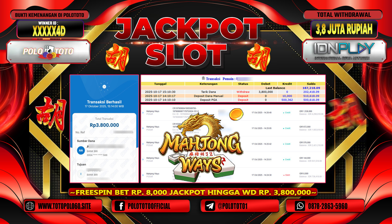 POLOTOTO JACKPOT SLOT MAHJONG WAYS Rp.3.800.000,- LUNAS