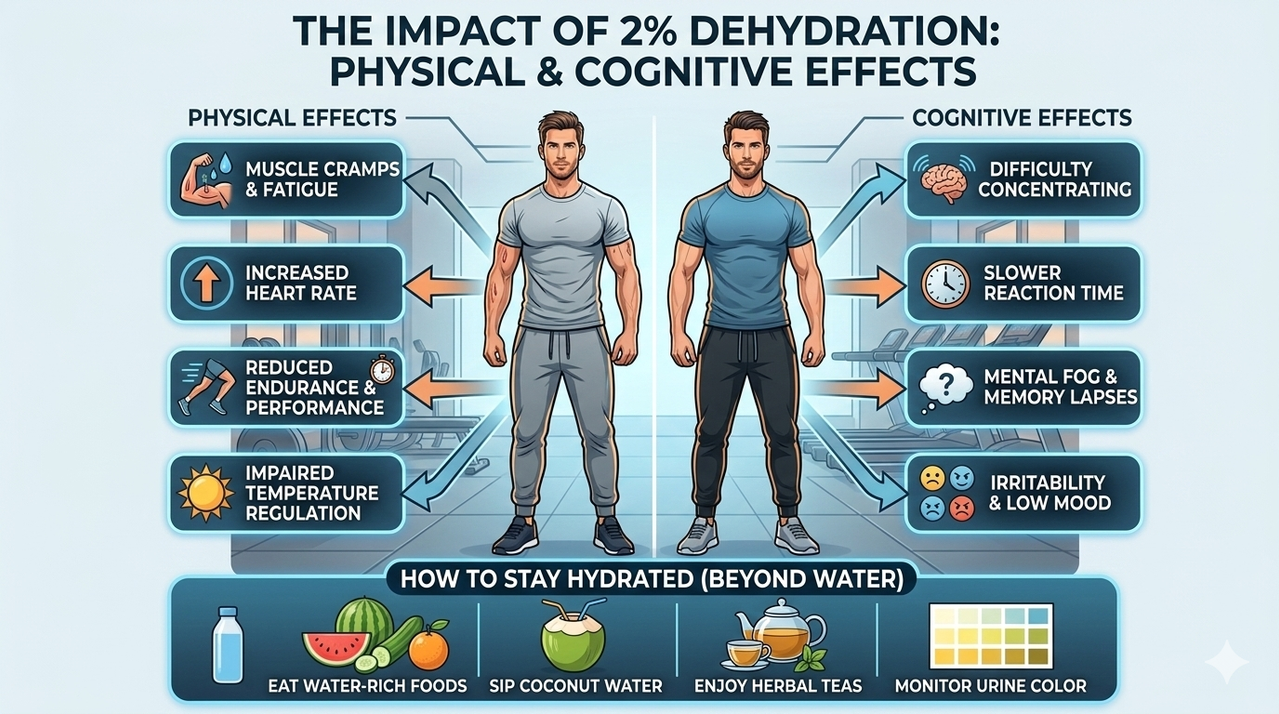 Diagram showing the physical and cognitive effects of 2% dehydration for how to stay hydrated more than just drinking water