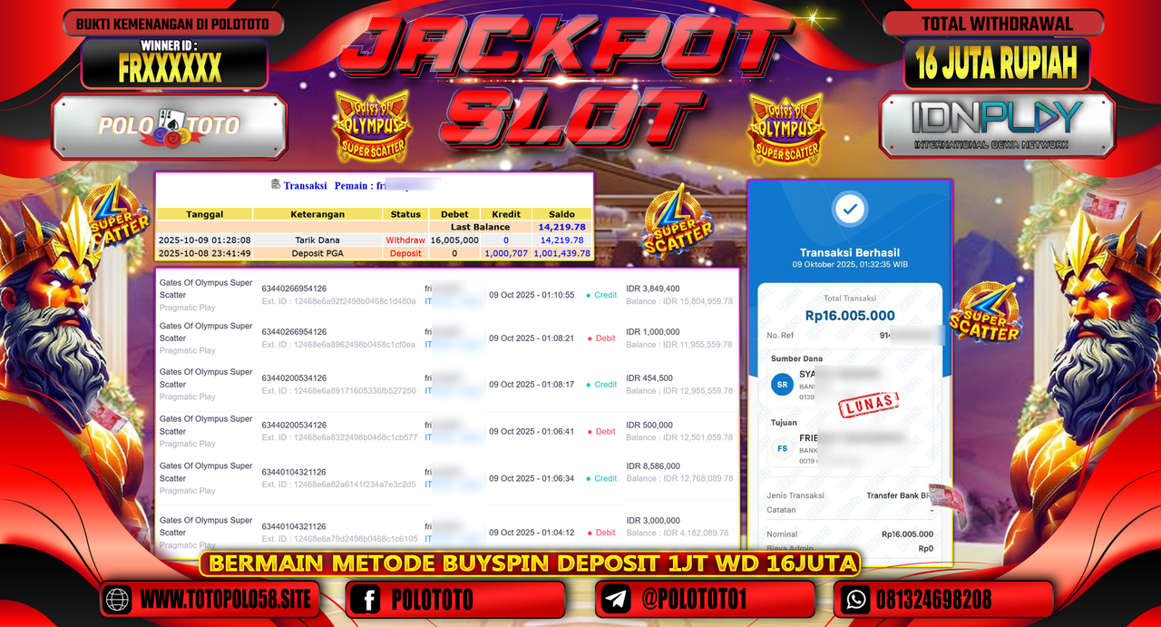 POLOTOTO JACKPOT SLOT GATES OF OLYMPUS SUPER SCATTER Rp16.000.000,- LUNAS