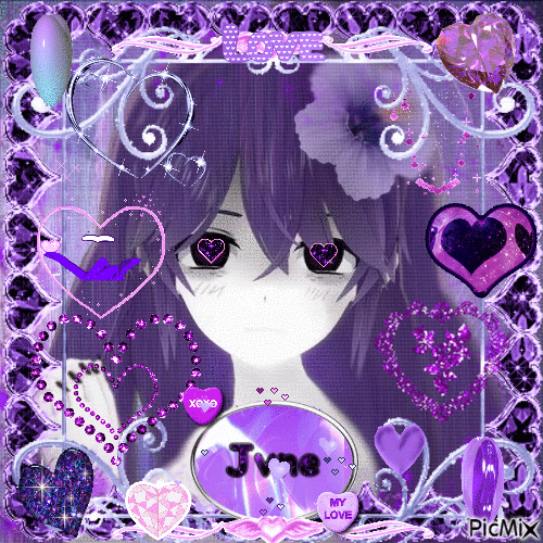 A collage of purple hearts with a 3D model of Sewerslvt's character as the focus and a name plaque that says Jvne