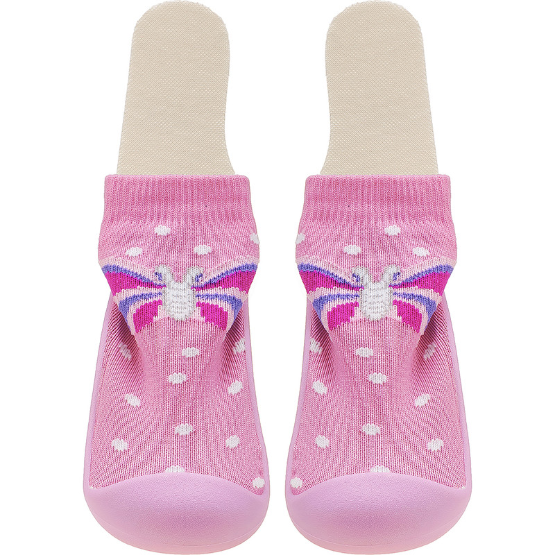 Meia com sola rosa infantil antiderrapante borboleta miniatura 5