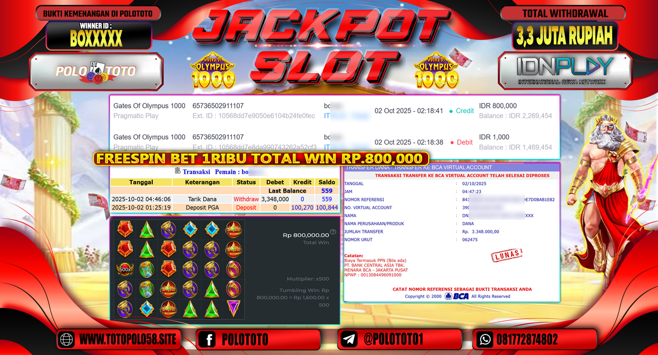 POLOTOTO JACKPOT SLOT GATES OF OLYMPUS 1000 Rp.3.300.000,- LUNAS
