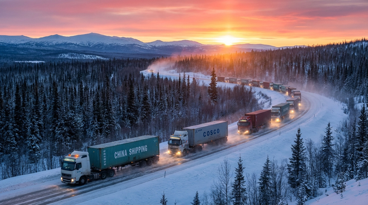 Автомобильный конвой с грузами из Китая на трассе в Сибири