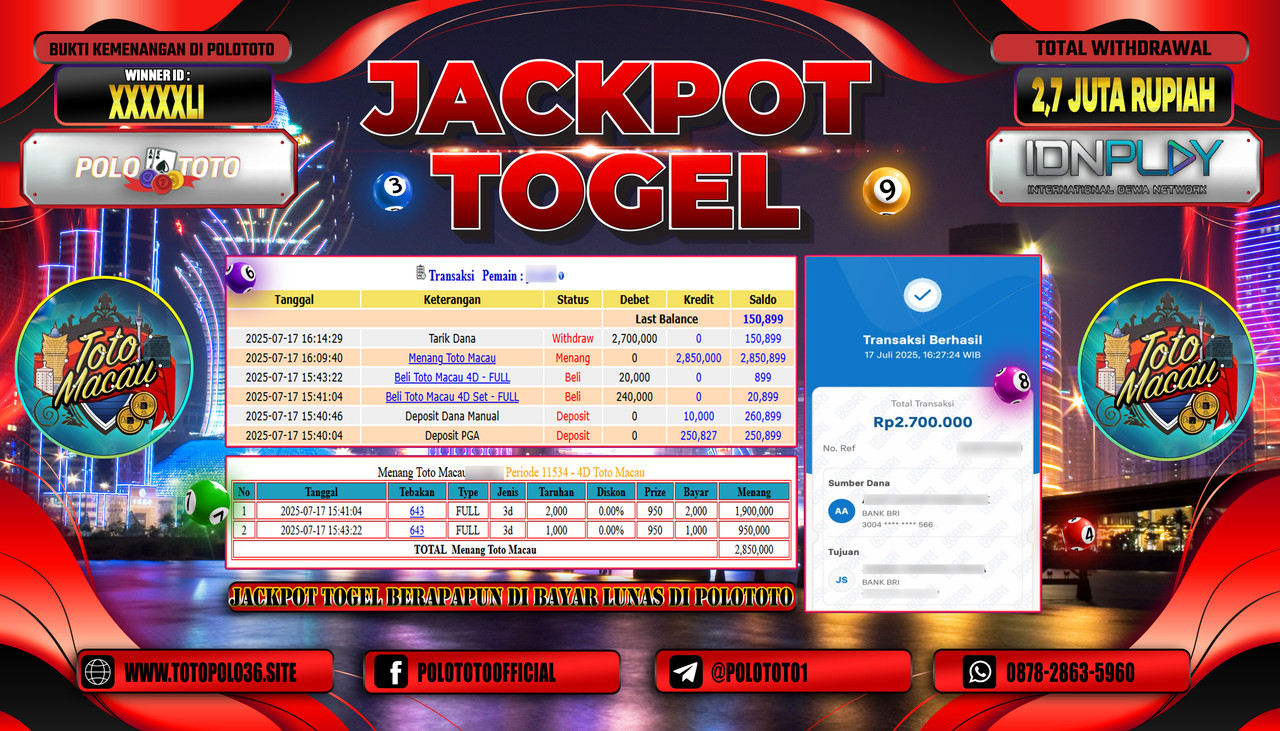 POLOTOTO JACKPOT TOGEL TOTO MACAU Rp.2.700.000,- LUNAS