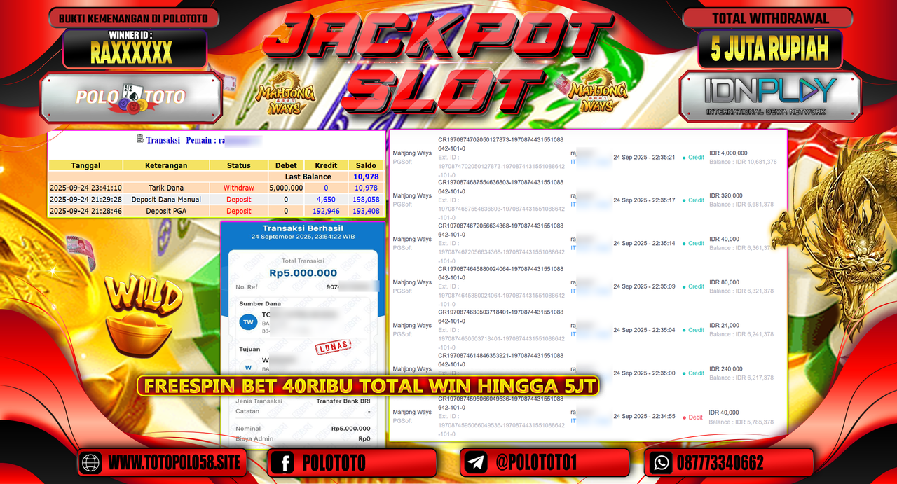 POLOTOTO JACKPOT SLOT MAHJONG WAYS Rp.5.000.000,- LUNAS