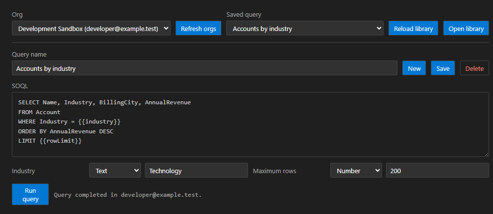 SOQL Query Runner showing a sample org selection, saved Account query, and text and number parameter inputs