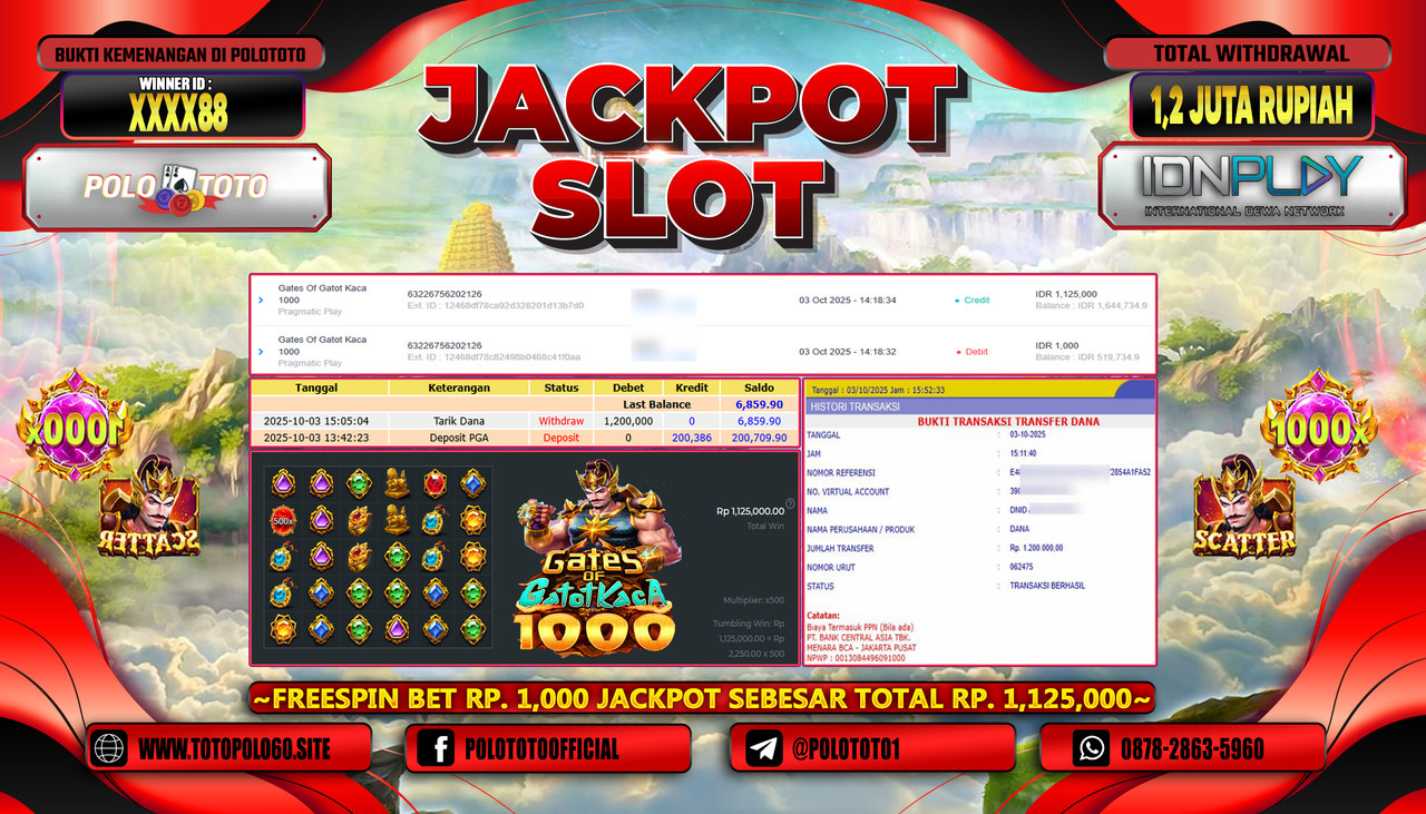 OLOTOTO JACKPOT SLOT GATES OF GATOT KACA 1000 Rp.1.200.000,- LUNAS
