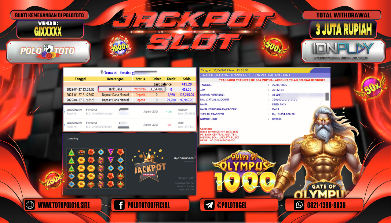 POLOTOTO JACKPOT SLOT GATES OF OLYMPUS 1000 Rp.3.054.000,- LUNAS