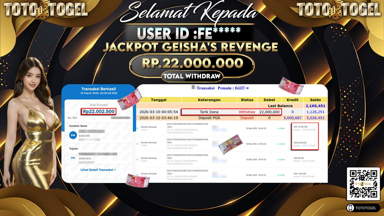 Bukti Pembayaran Jackpot Permainan Slot Geisha S Revenge ID:FE*****LUNAS