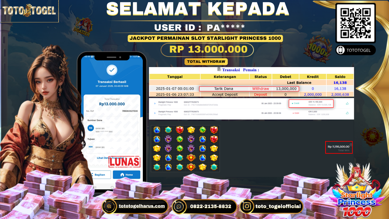 Bukti Pembayaran Jackpot  Permainan Slot Starlight Princess 1000 : PA**** LUNAS
