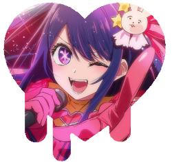 Art of Ai Hoshino winking and pointing at the viewer with a big grin and a mic to her mouth. It's in the shape of a heart that is dripping an unknown substance.