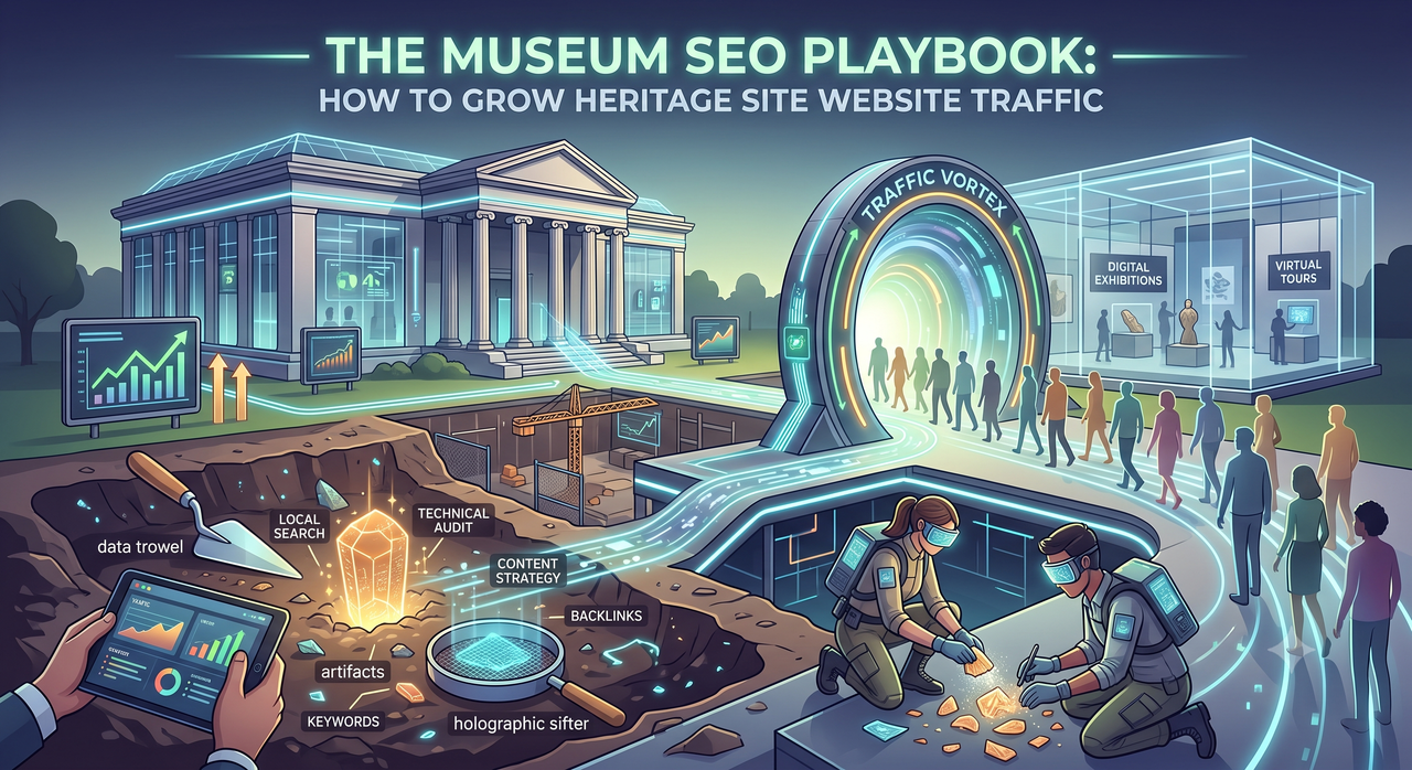 Futuristic museum scene at night with a glowing traffic vortex portal, visitors walking toward digital exhibitions and virtual tours, and two archaeologists excavating a glowing artifact labelled with SEO terms like local search, technical audit, and backlinks.