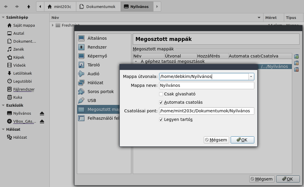VirtualBox - Megosztott mappák