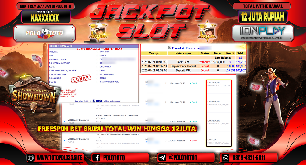 POLOTOTO JACKPOT SLOT WILD BOUNTY SHOWDOWN Rp.12.000.000,- LUNAS