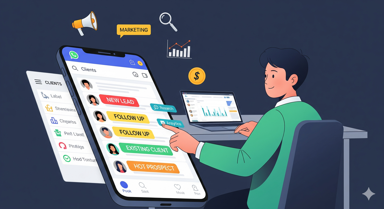 Etiquetas de WhatsApp Persona ocupada colocando etiquetas a sus clientes en whatsapp business