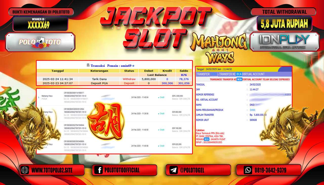 POLOTOTO JACKPOT SLOT MAHJONG WAYS Rp.5.800.000,- 