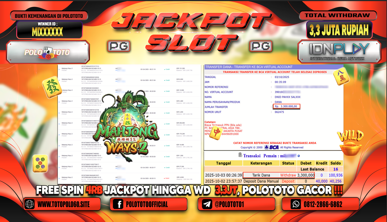 POLOTOTO JACKPOT SLOT MAHJONG WAYS 2 Rp.3.300.000,- LUNAS