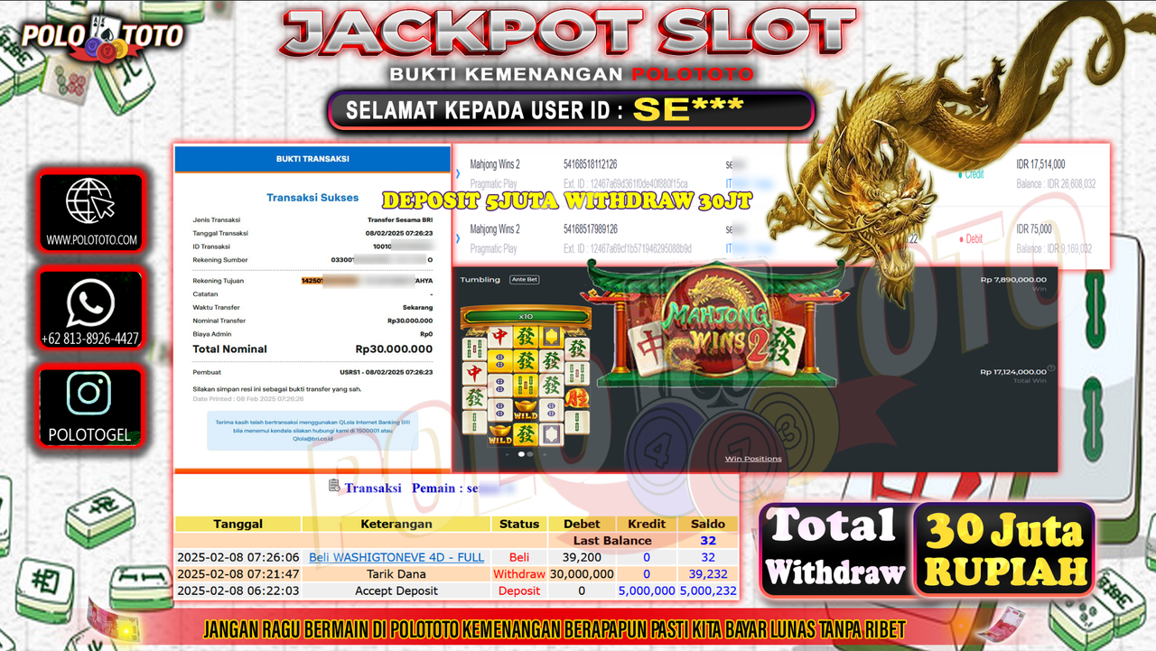 POLOTOTO JACKPOT SLOT MAHJONG WINS 2 Rp.30,000.000,-