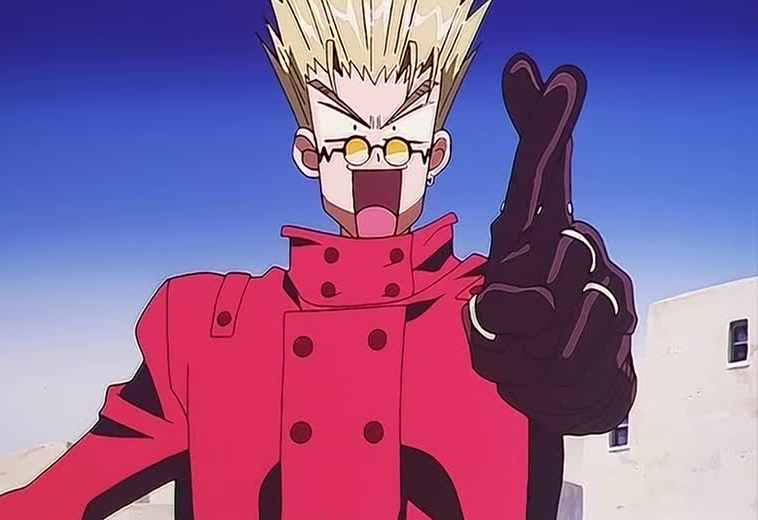 A screenshot from the 1998 anime of Vash making a heart sign with his fingers while comically shouting "LOVE AND PEACE!"