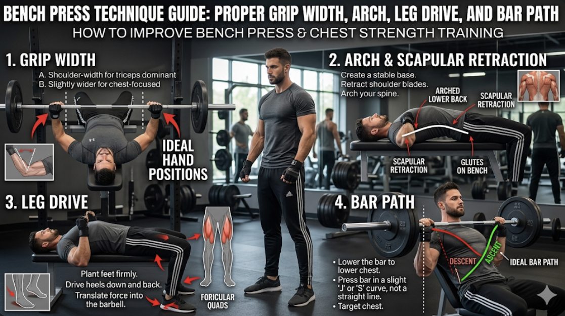 Bench press technique guide showing proper grip width arch leg drive and bar path for how to improve bench press and powerlifting bench press