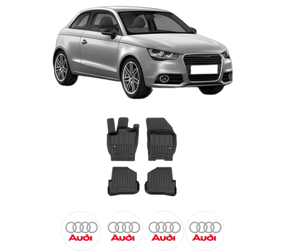 Set covorase presuri AUDI A1 (8X1, 8XK) din 2010-2018, auto, din cauciuc thermoplastic, 4 Stickere auto cu AUDI