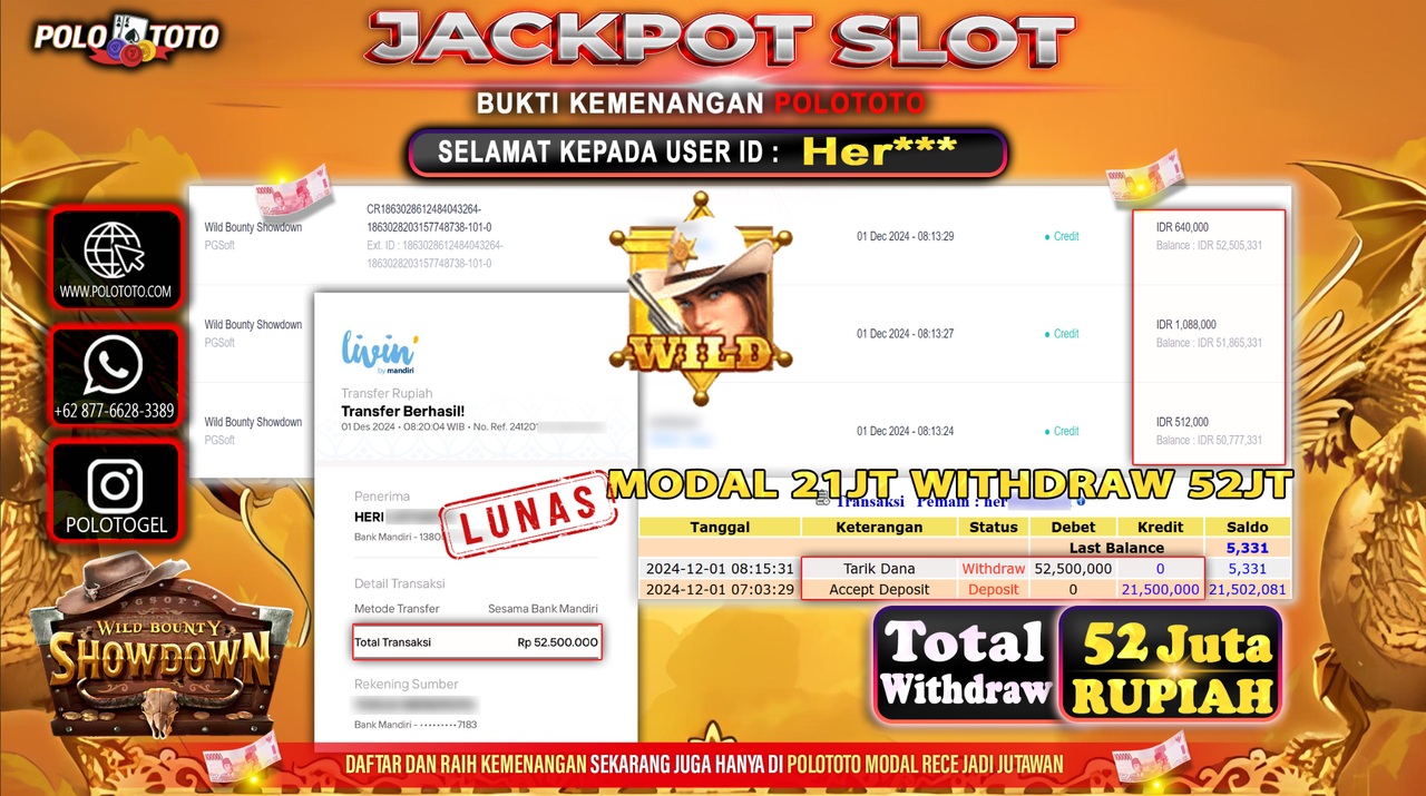 POLOTOTO JACKPOT SLOT WILD BOUNTY SHOWDOWN Rp.52,500.000,-