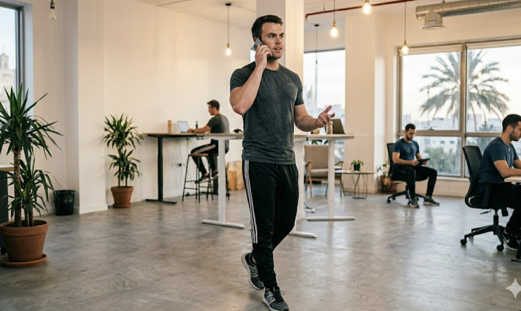 Person walking outdoors with a smartphone step tracker, illustrating NEAT activities that increase calorie burn without cardio and boost daily energy expenditure