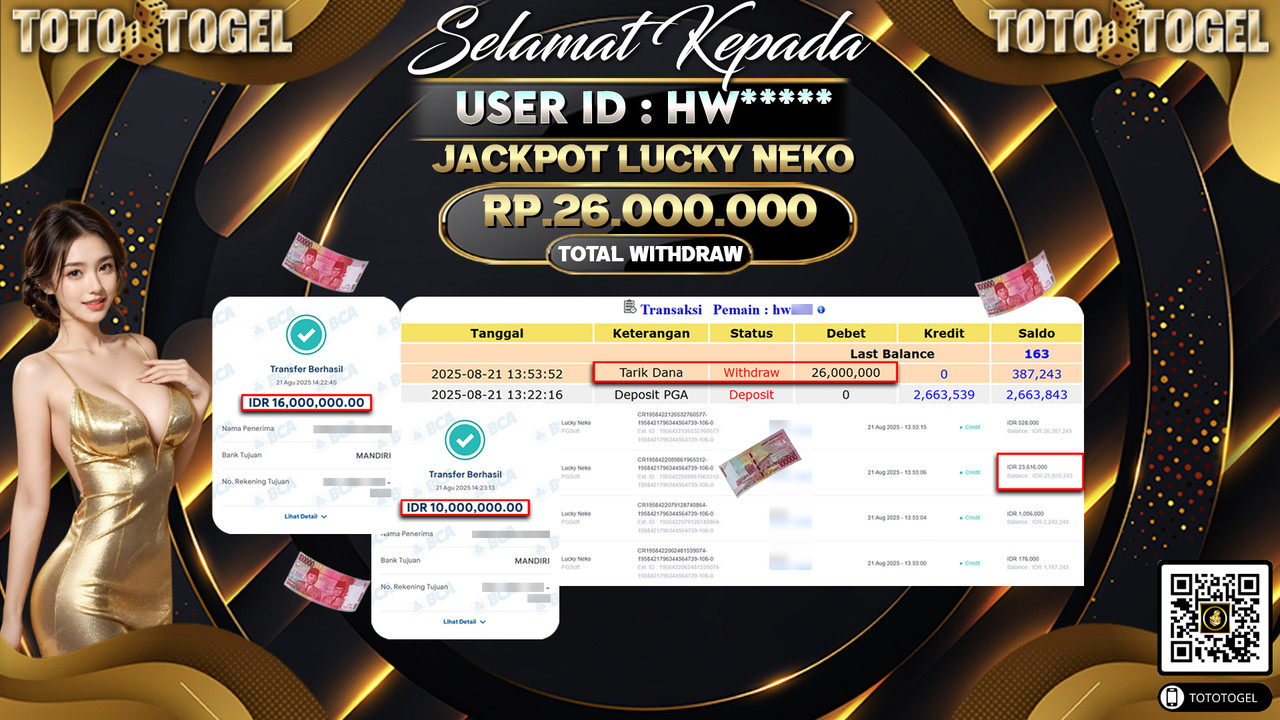 Bukti Pembayaran Jackpot Permainan Slot Lucky Neko ID:HW***** LUNAS