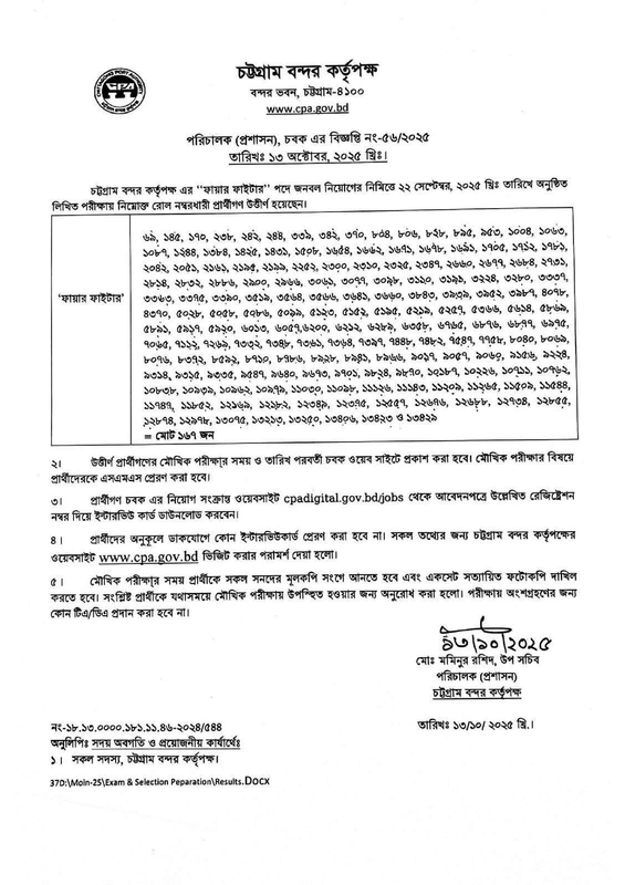 Chittagong-Port-Authority-Fire-Fighter-Written-Exam-Result-2025-PDF