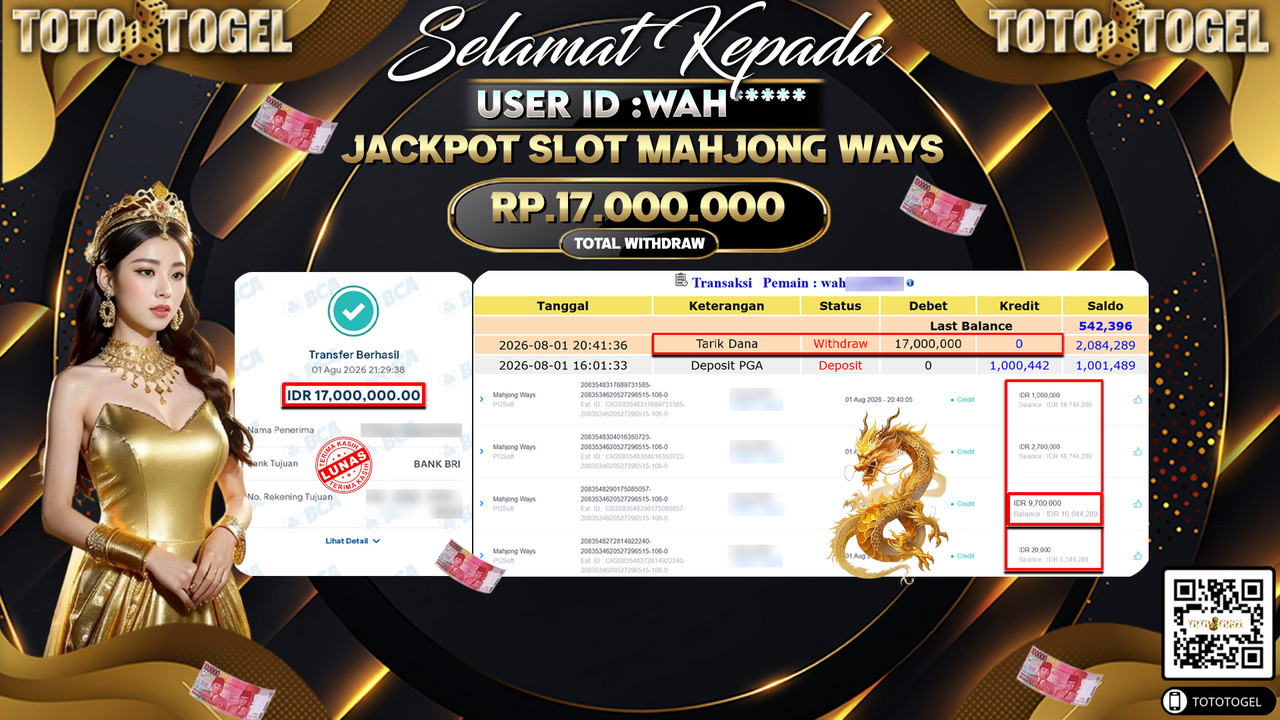 Bukti Pembayaran Jackpot SLOT MAHJONG WAYS ID:WAH**** LUNAS