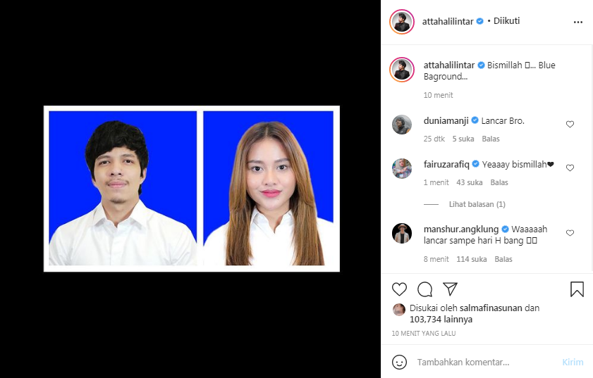 Atta Halilintar pamer pas foto bersama Aurel Hermansyah dengan latar belakang biru
