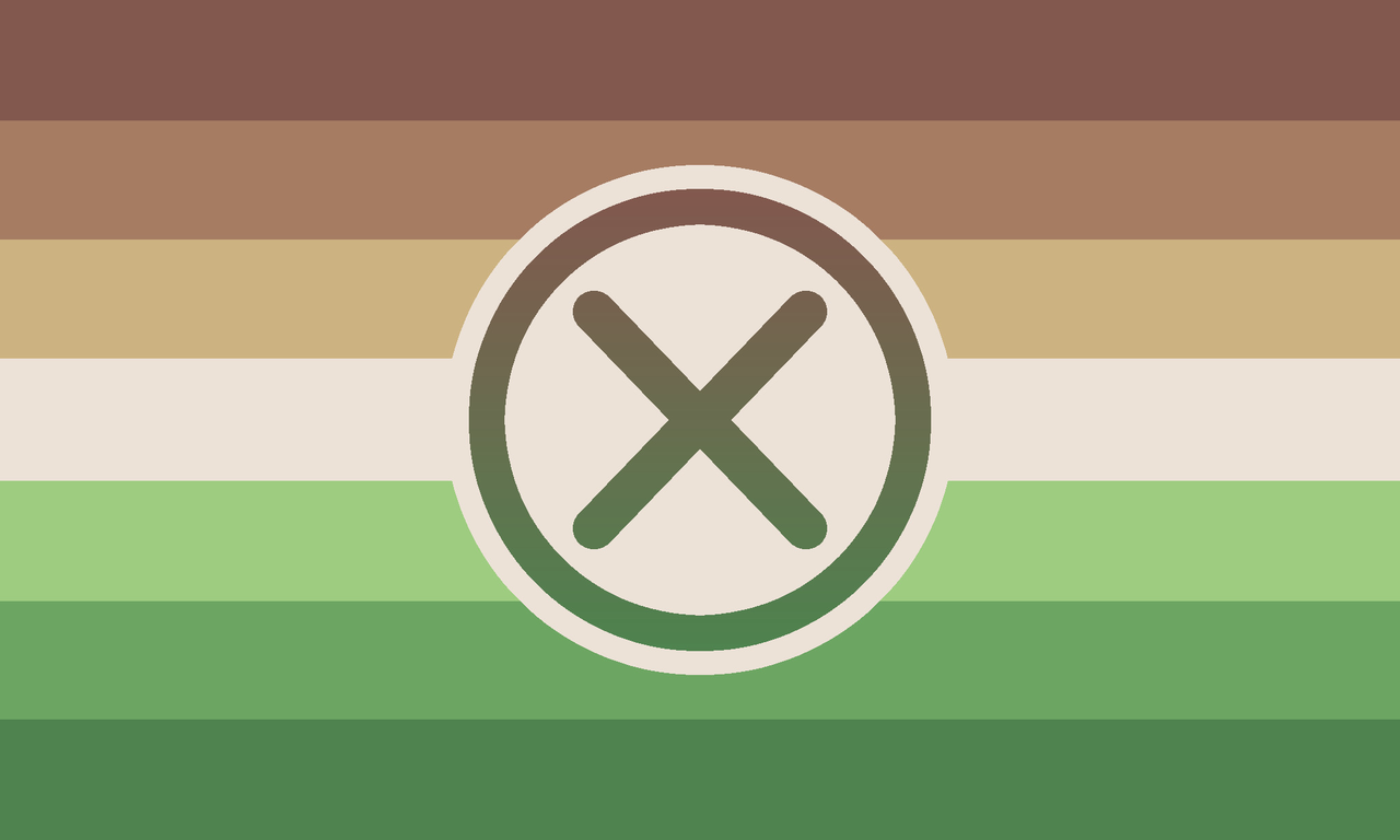 a rectangular flag with 7 equally-sized horizontal lines. colors in order from top to bottom are a gradient from darkish dull red-orange to pale yellow to green. in the center of the flag is a darkish dull red-to-green circle outline outlined and filled with pale yellow. in the center of the circle is a darkish dull red-to-green X symbol.