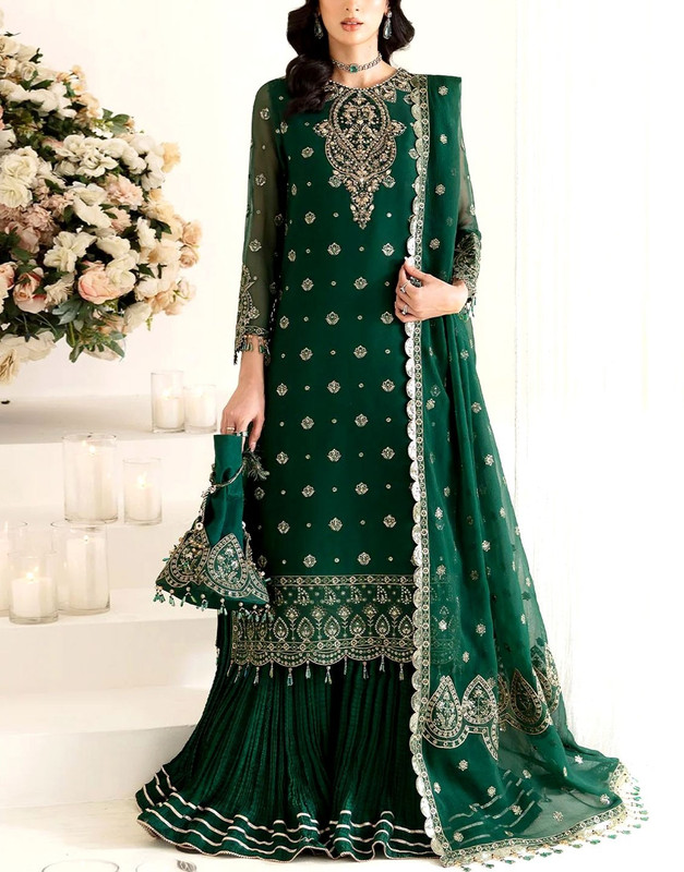 Heavy Embroidered Formal Chiffon Suit | Silk Gharara Trouser