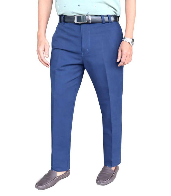 Men’s Trouser 100% Cotton Slim Fit Plain Front Cross Pocket Color: 10 Blue