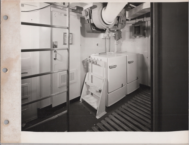 SAS Haerlem P3126 lobby looking foward showing refrigerators 24th Nov 1958