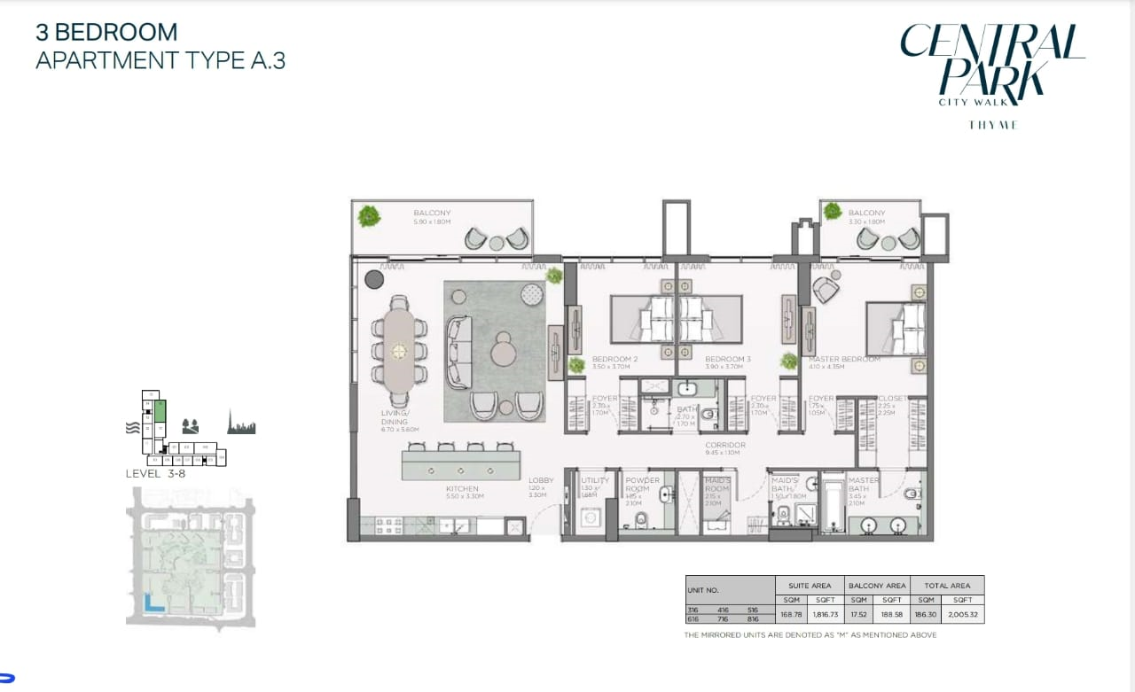 Keyplan and layout configuration for a 3-bedroom apartment in Thyme at City Walk highlighting positioning within the building – Thyme Distress Deal unit plan