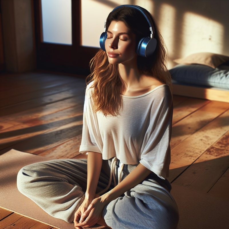 A person in a comfortable position, wearing headphones and eyes closed, listening to a guided meditation.
