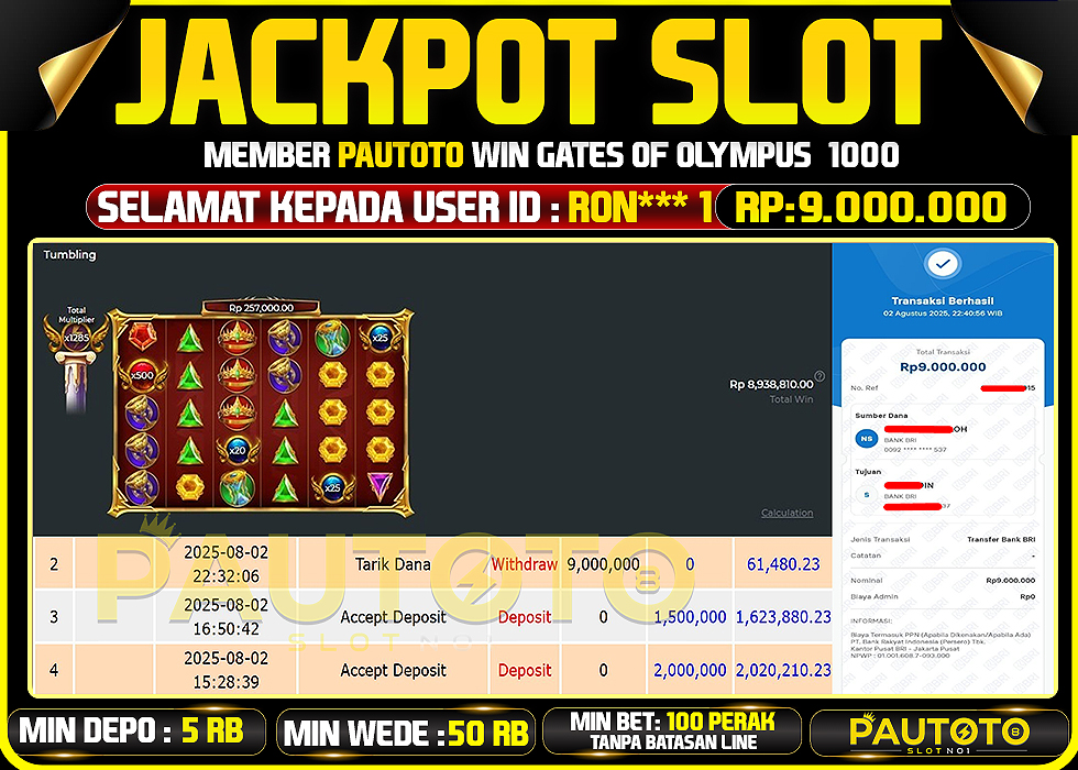 BUKTI PEMBAYARAN TGL 2 AGUSTUS2025 MENANG DI PERMAINAN GATES OF OLYMPUS 1000 TOTAL WD 9 JUTA