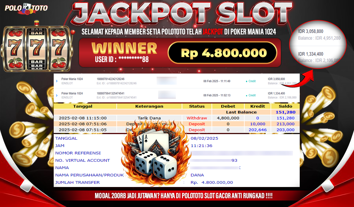 POLOTOTO JACKPOT SLOT POKER MANIA 1024 Rp.4,800.000,-