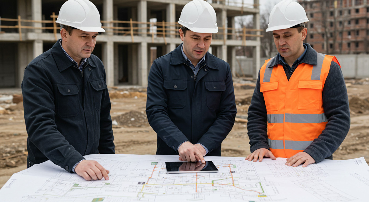 команда прорабов обсуждает график логистики башенного крана