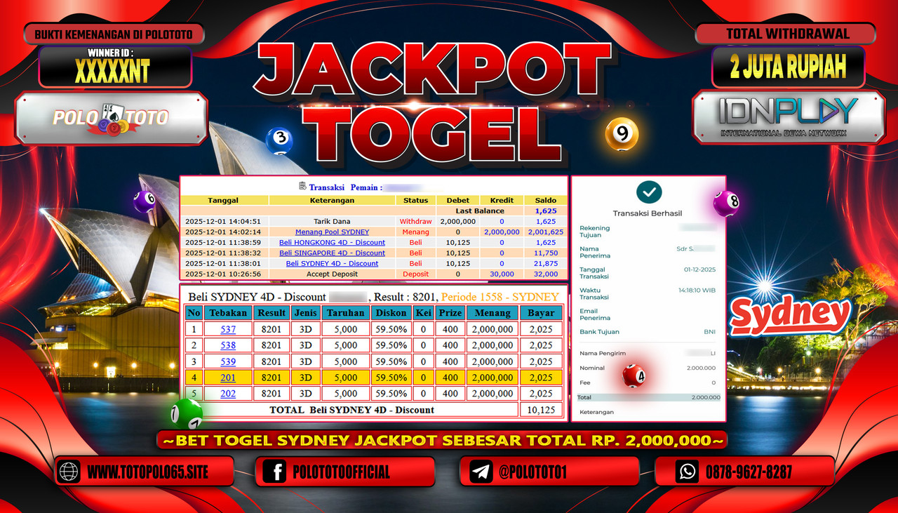 POLOTOTO JACKPOT TOGEL MENANG POOL SYDNEY Rp.2.0000.000,- LUNAS