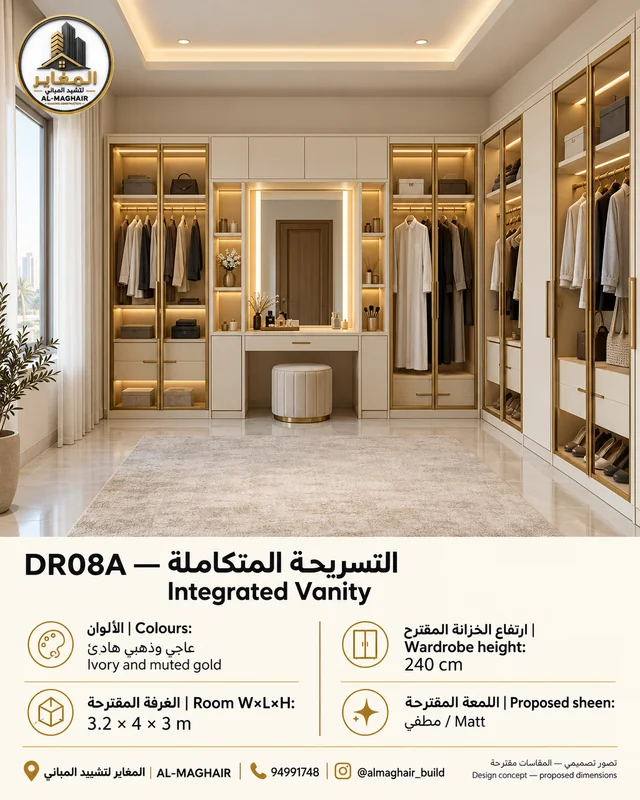 DR08A Integrated Vanity dressing room in Ivory and muted gold, proposed 3.2 by 4 metre room with 3m ceiling, AL-MAGHAIR Kuwait wardrobe concept.