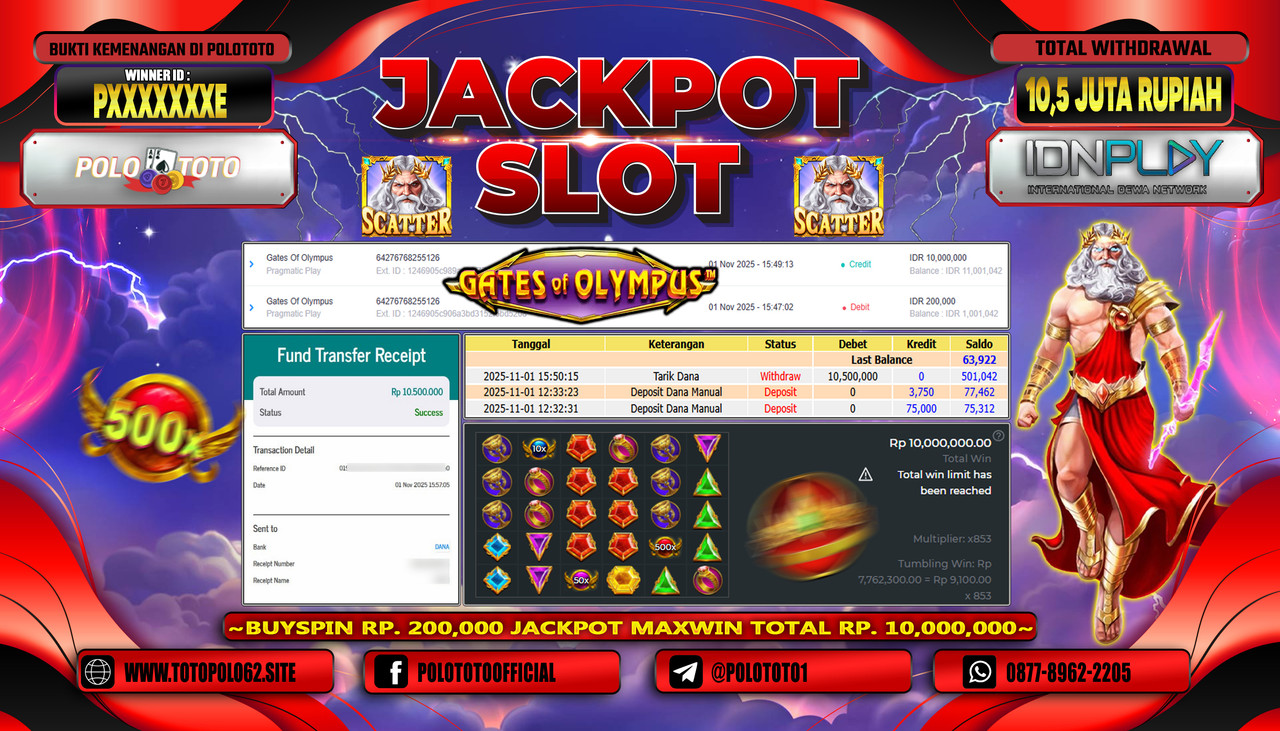 POLOTOTO JACKPOT SLOT GATES OF OLYMPUS Rp.10.500.000,- LUNAS