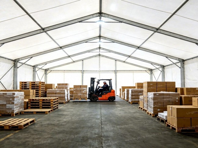 Warehousing tent erected on grass surface without concrete foundation
