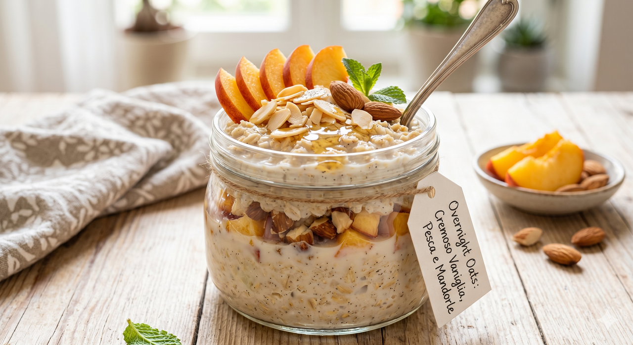 Overnight Oats Cremoso Vaniglia, Pesca e Mandorle