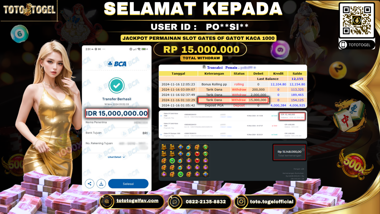 Bukti Pembayaran Jackpot Permainan Slot Gates Of Gatot 1000  ID: PO**SI** LUNAS 